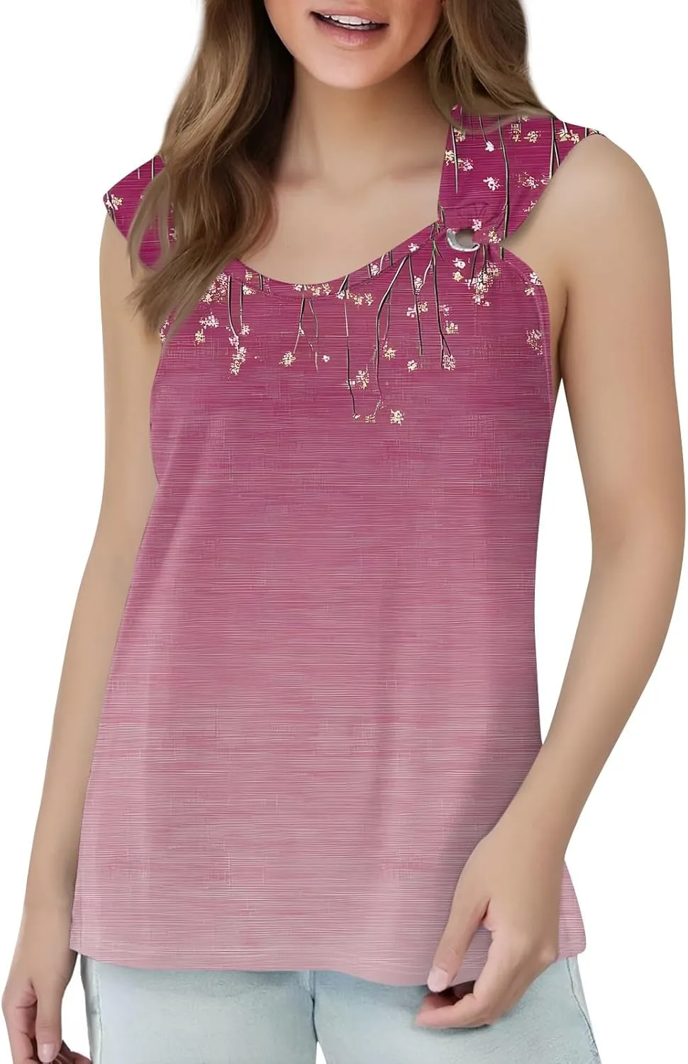 Women's Sleeveless Gradient Tank Top with Floral Embellishments,Casual Summer Blouse for Beach and Daily Wear