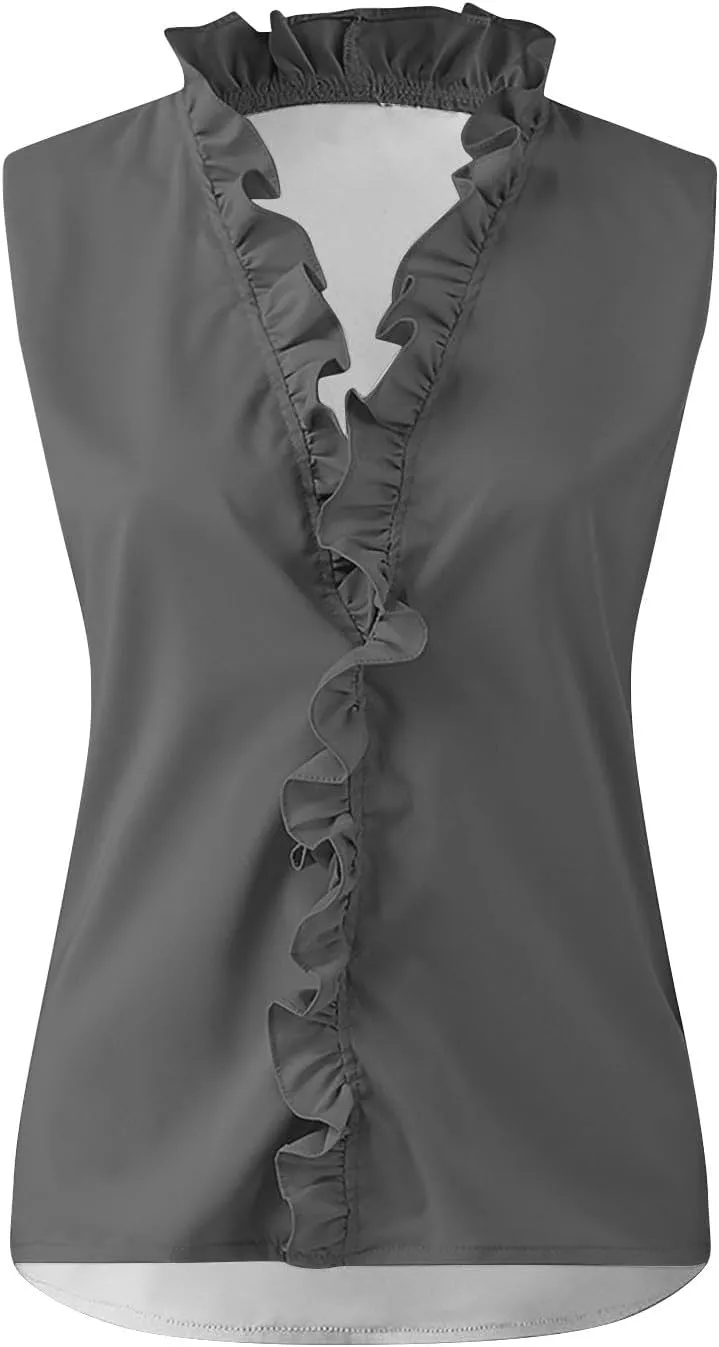 Women's Sleeveless Ruffle V Neck Blouse Casual Summer Top for Office Parties and Daily Wear,
