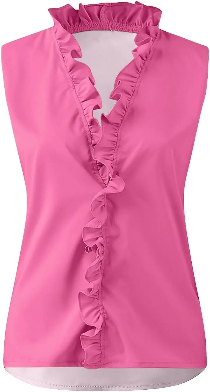 Women's Sleeveless Ruffle V Neck Blouse Casual Summer Top for Office Parties and Daily Wear,