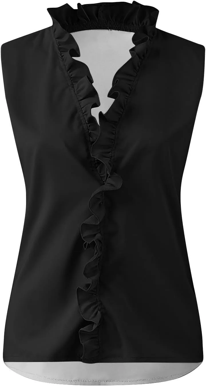 Women's Sleeveless Ruffle V Neck Blouse Casual Summer Top for Office Parties and Daily Wear,