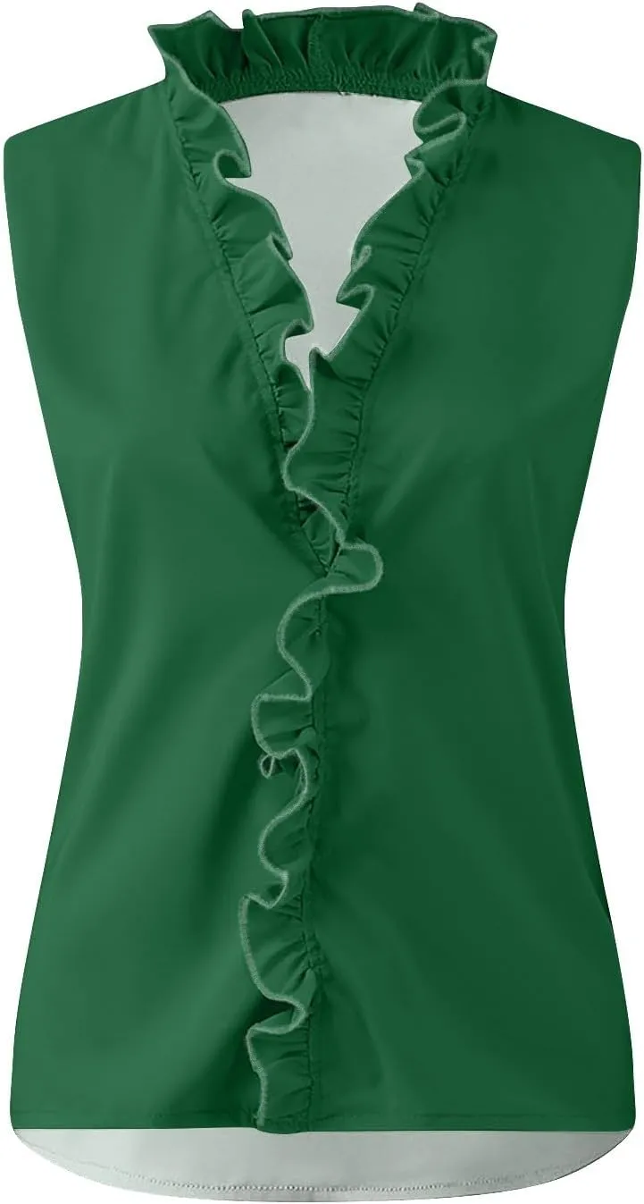 Women's Sleeveless Ruffle V Neck Blouse Casual Summer Top for Office Parties and Daily Wear,