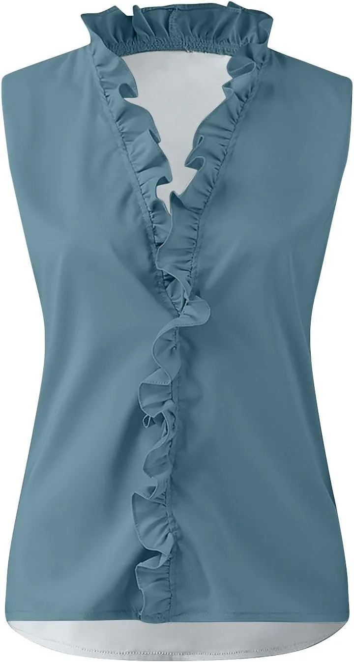 Women's Sleeveless Ruffle V Neck Blouse Casual Summer Top for Office Parties and Daily Wear,