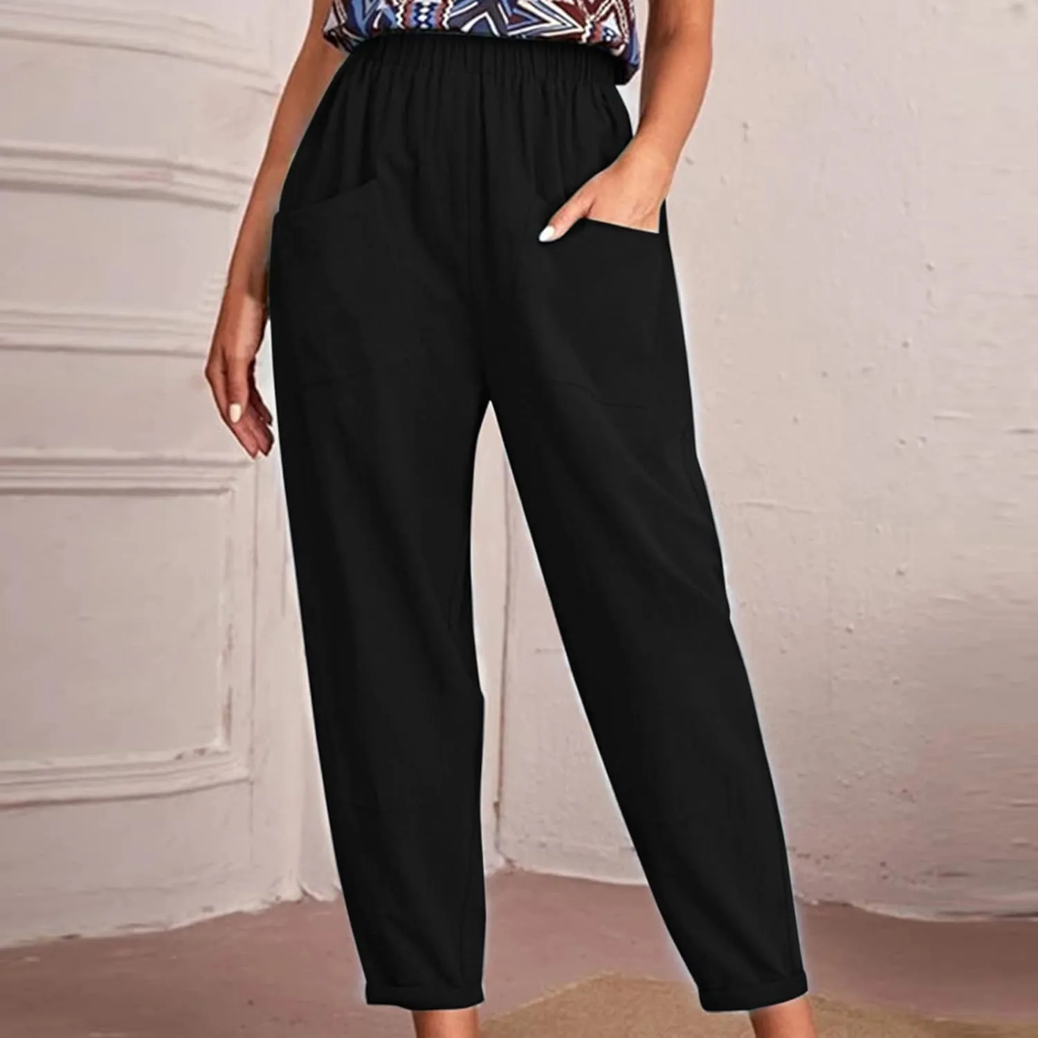 Women's Solid Casual Elastic Belt High Waist Running Sweatpants Cotton Linen Lightweight Straight Leg Fitted Cropped Trousers