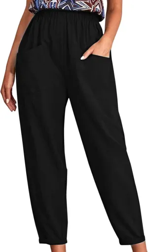 Women's Solid Casual Elastic Belt High Waist Running Sweatpants Cotton Linen Lightweight Straight Leg Fitted Cropped Trousers