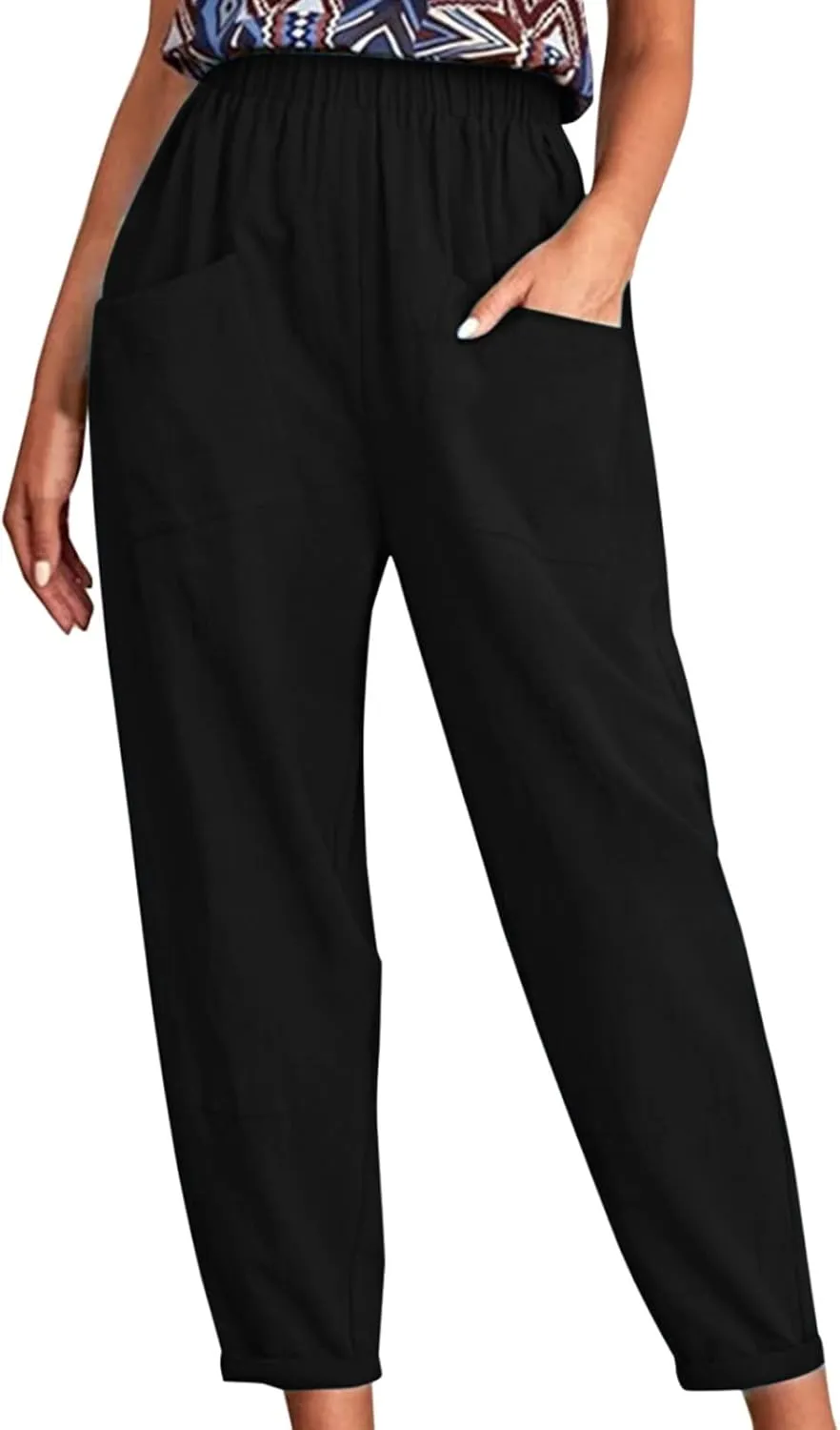 Women's Solid Casual Elastic Belt High Waist Running Sweatpants Cotton Linen Lightweight Straight Leg Fitted Cropped Trousers
