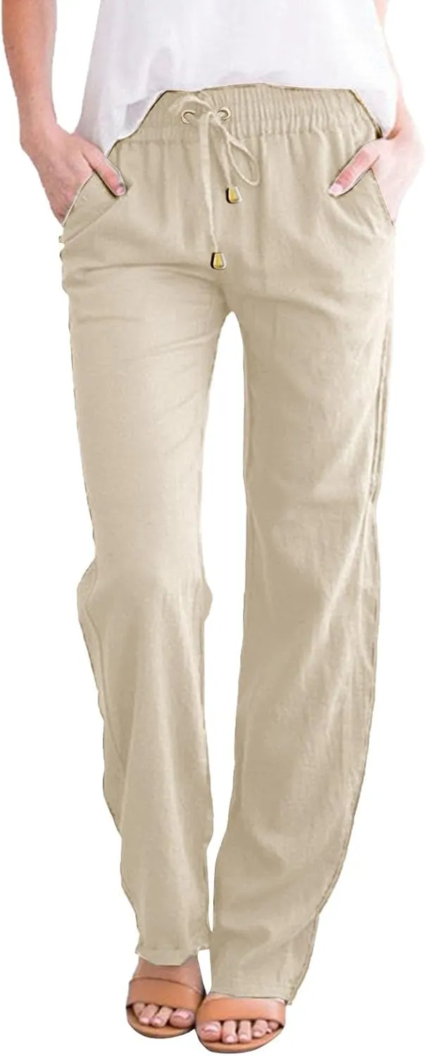 Women's Solid Color Drawstring Lounge Trousers with Pockets Cotton Linen Elastic Waist Straight Leg Comfy Fitted Pants
