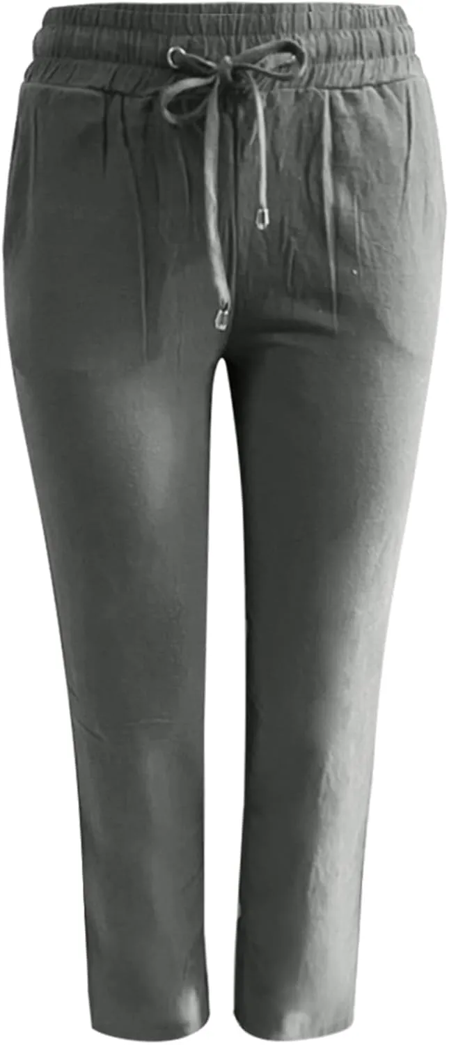 Women's Solid Color Drawstring Lounge Trousers with Pockets Cotton Linen Elastic Waist Straight Leg Comfy Fitted Pants