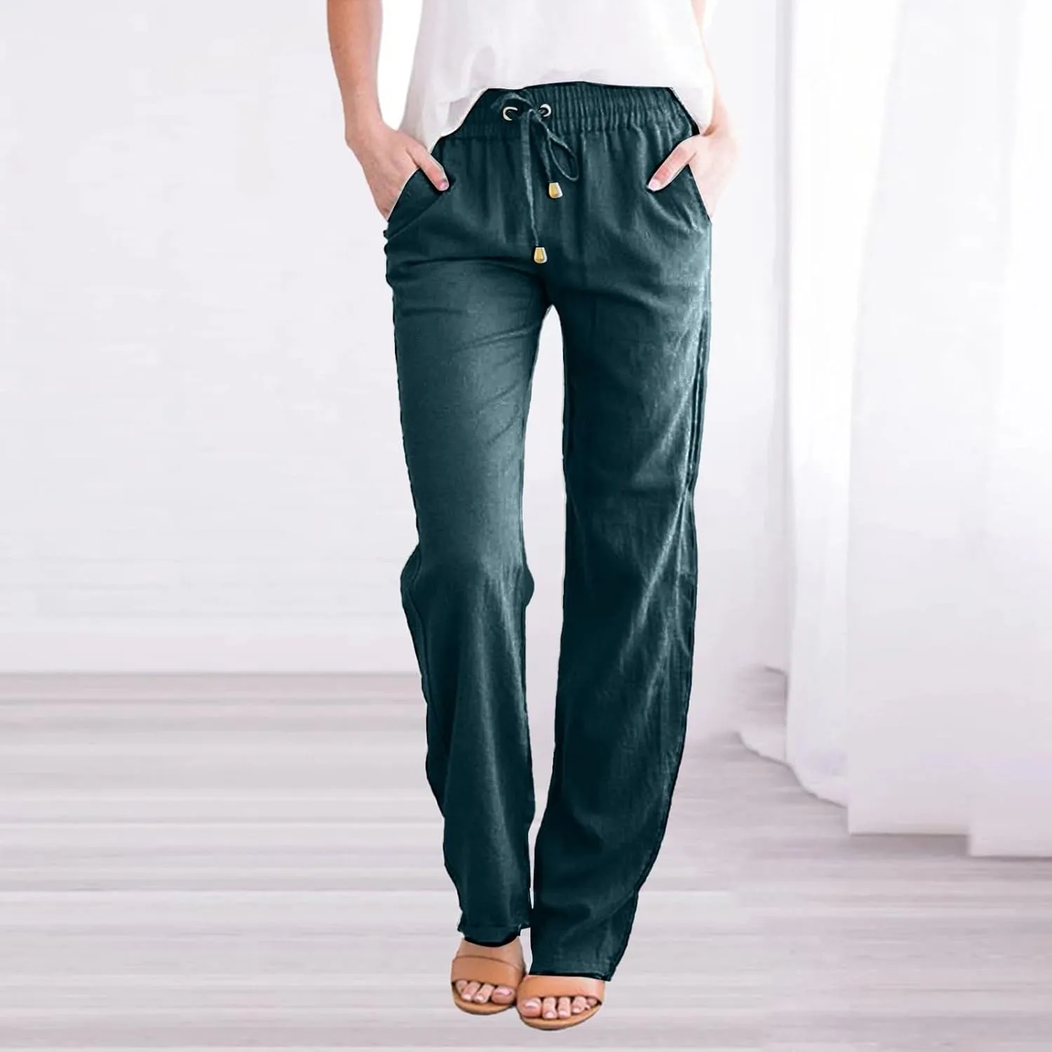 Women's Solid Color Drawstring Lounge Trousers with Pockets Cotton Linen Elastic Waist Straight Leg Comfy Fitted Pants