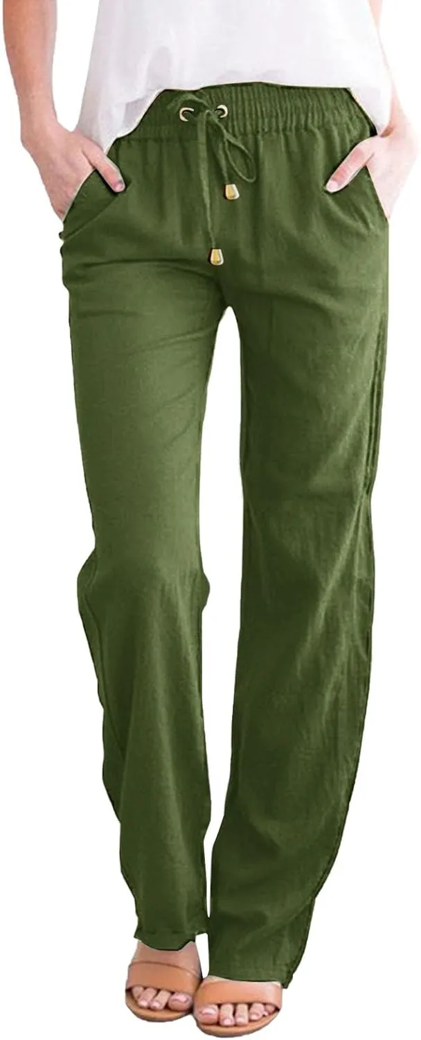 Women's Solid Color Drawstring Lounge Trousers with Pockets Cotton Linen Elastic Waist Straight Leg Comfy Fitted Pants