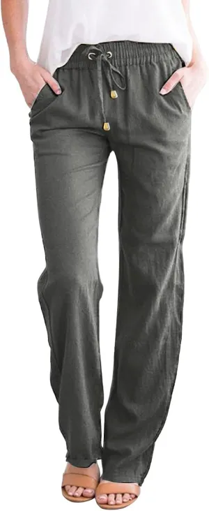 Women's Solid Color Drawstring Lounge Trousers with Pockets Cotton Linen Elastic Waist Straight Leg Comfy Fitted Pants