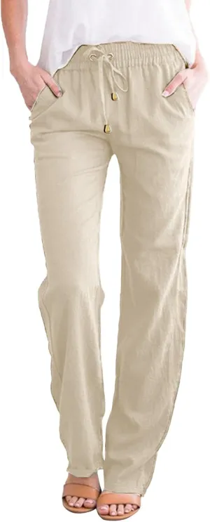Women's Solid Color Drawstring Lounge Trousers with Pockets Cotton Linen Elastic Waist Straight Leg Comfy Fitted Pants