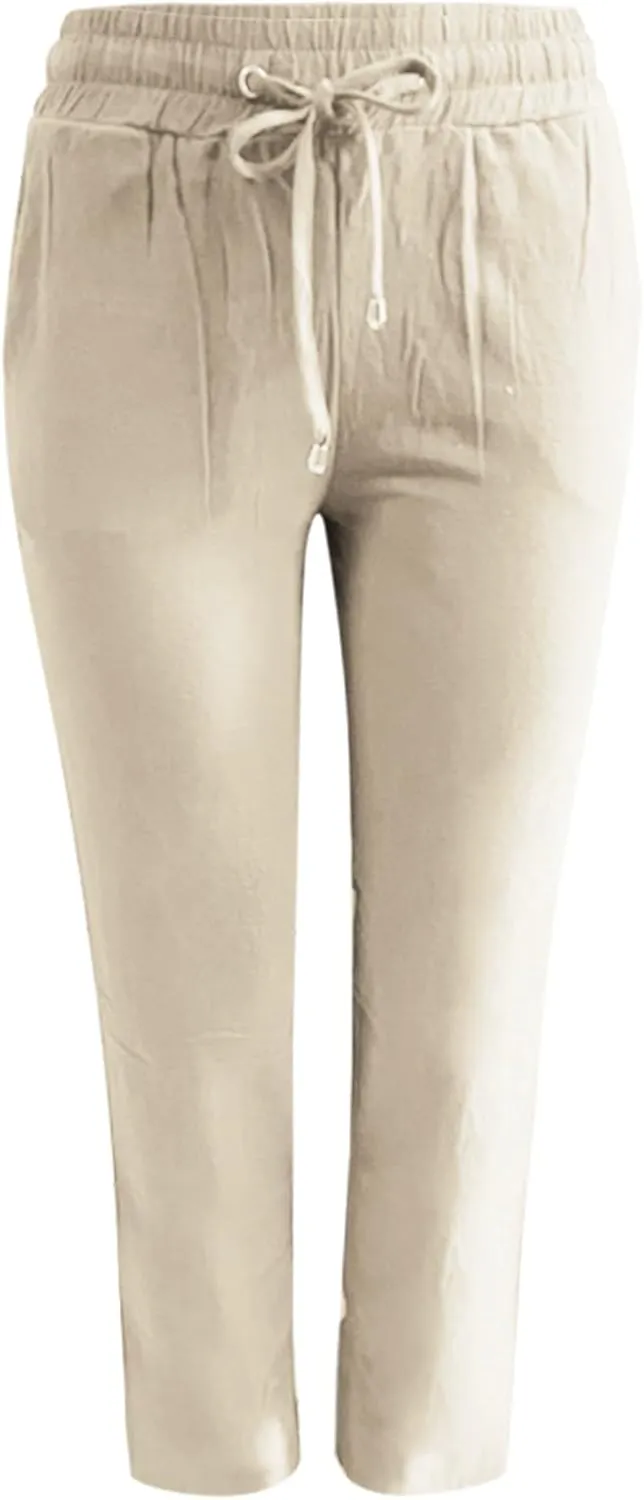 Women's Solid Color Drawstring Lounge Trousers with Pockets Cotton Linen Elastic Waist Straight Leg Comfy Fitted Pants