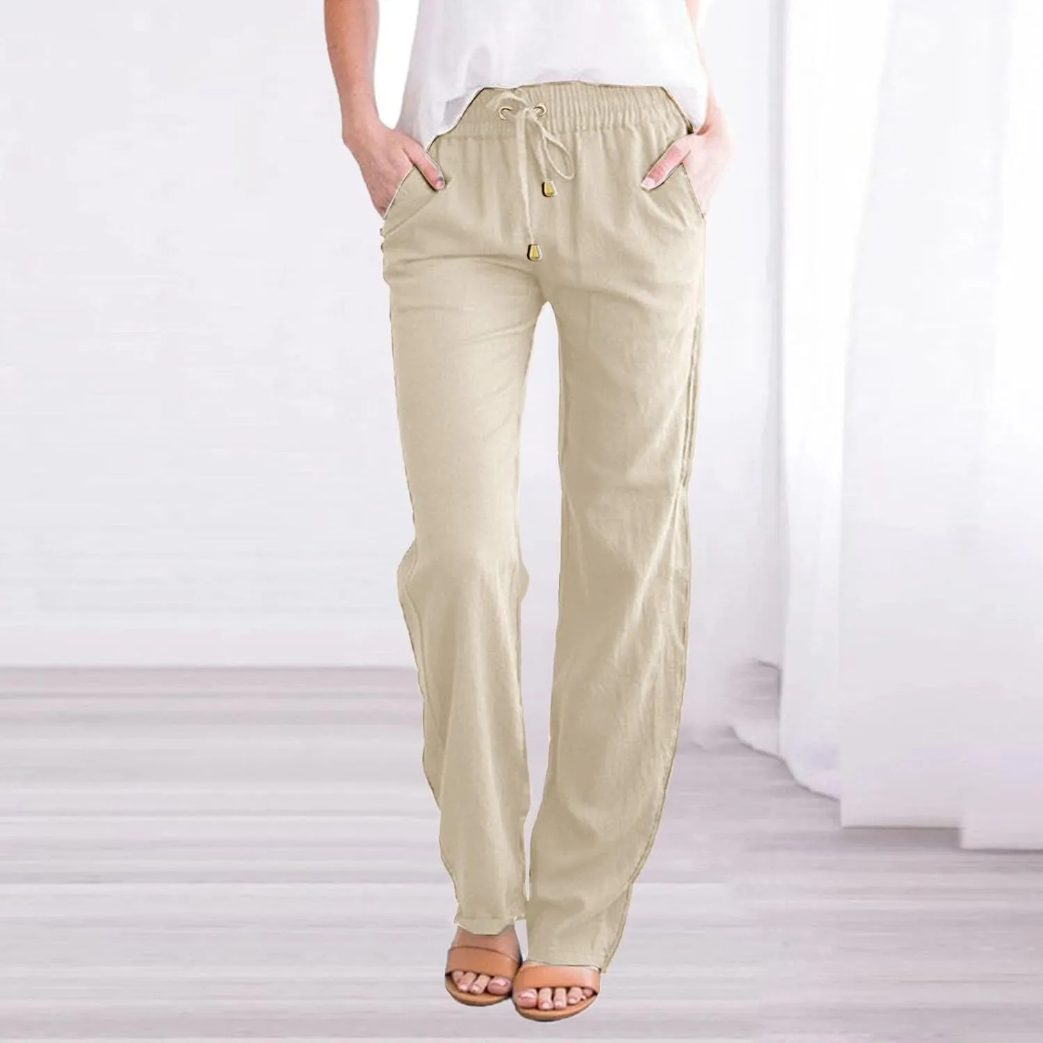 Women's Solid Color Drawstring Lounge Trousers with Pockets Cotton Linen Elastic Waist Straight Leg Comfy Fitted Pants
