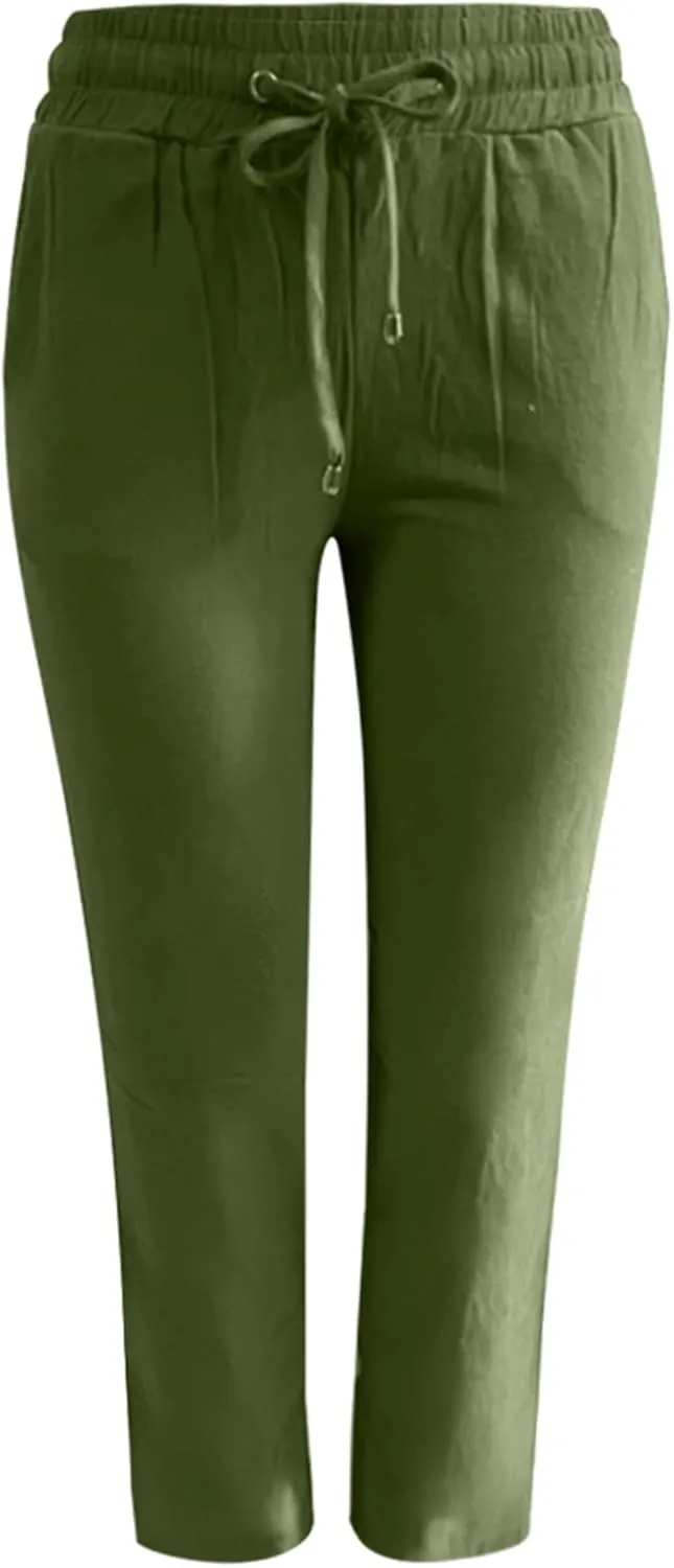 Women's Solid Color Drawstring Lounge Trousers with Pockets Cotton Linen Elastic Waist Straight Leg Comfy Fitted Pants