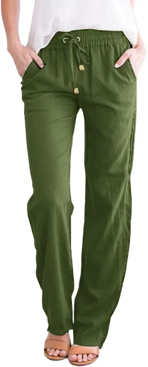 Women's Solid Color Drawstring Lounge Trousers with Pockets Cotton Linen Elastic Waist Straight Leg Comfy Fitted Pants