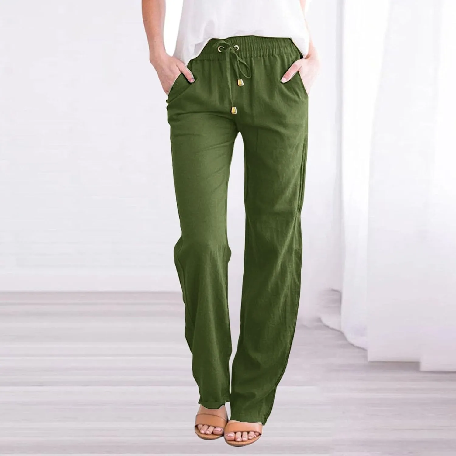Women's Solid Color Drawstring Lounge Trousers with Pockets Cotton Linen Elastic Waist Straight Leg Comfy Fitted Pants