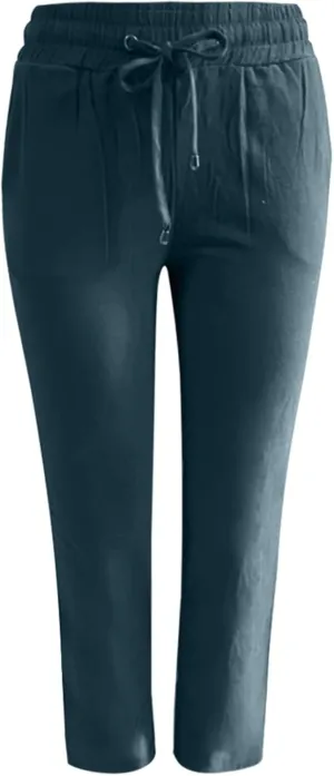 Women's Solid Color Drawstring Lounge Trousers with Pockets Cotton Linen Elastic Waist Straight Leg Comfy Fitted Pants