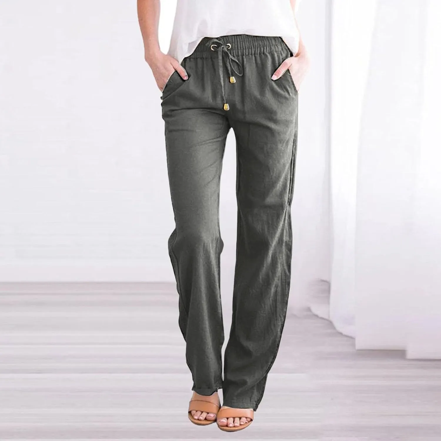 Women's Solid Color Drawstring Lounge Trousers with Pockets Cotton Linen Elastic Waist Straight Leg Comfy Fitted Pants