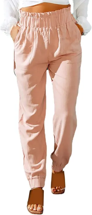 Women's Solid Color Fitted Elastic High Waist Joggers Summer Cotton Linen Soft Straight Leg Pockets Sweatpants Trousers
