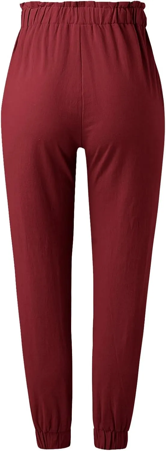 Women's Solid Color Fitted Elastic High Waist Joggers Summer Cotton Linen Soft Straight Leg Pockets Sweatpants Trousers