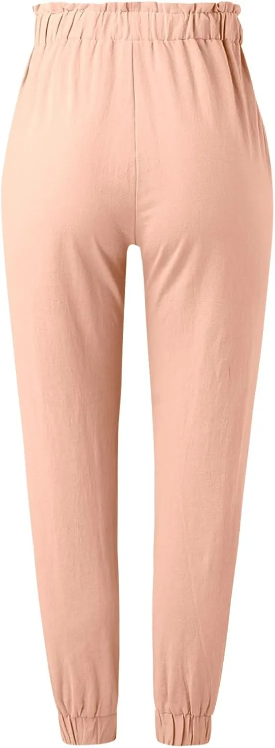 Women's Solid Color Fitted Elastic High Waist Joggers Summer Cotton Linen Soft Straight Leg Pockets Sweatpants Trousers