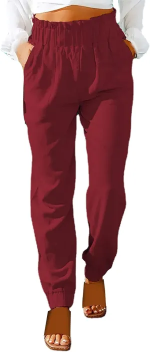 Women's Solid Color Fitted Elastic High Waist Joggers Summer Cotton Linen Soft Straight Leg Pockets Sweatpants Trousers