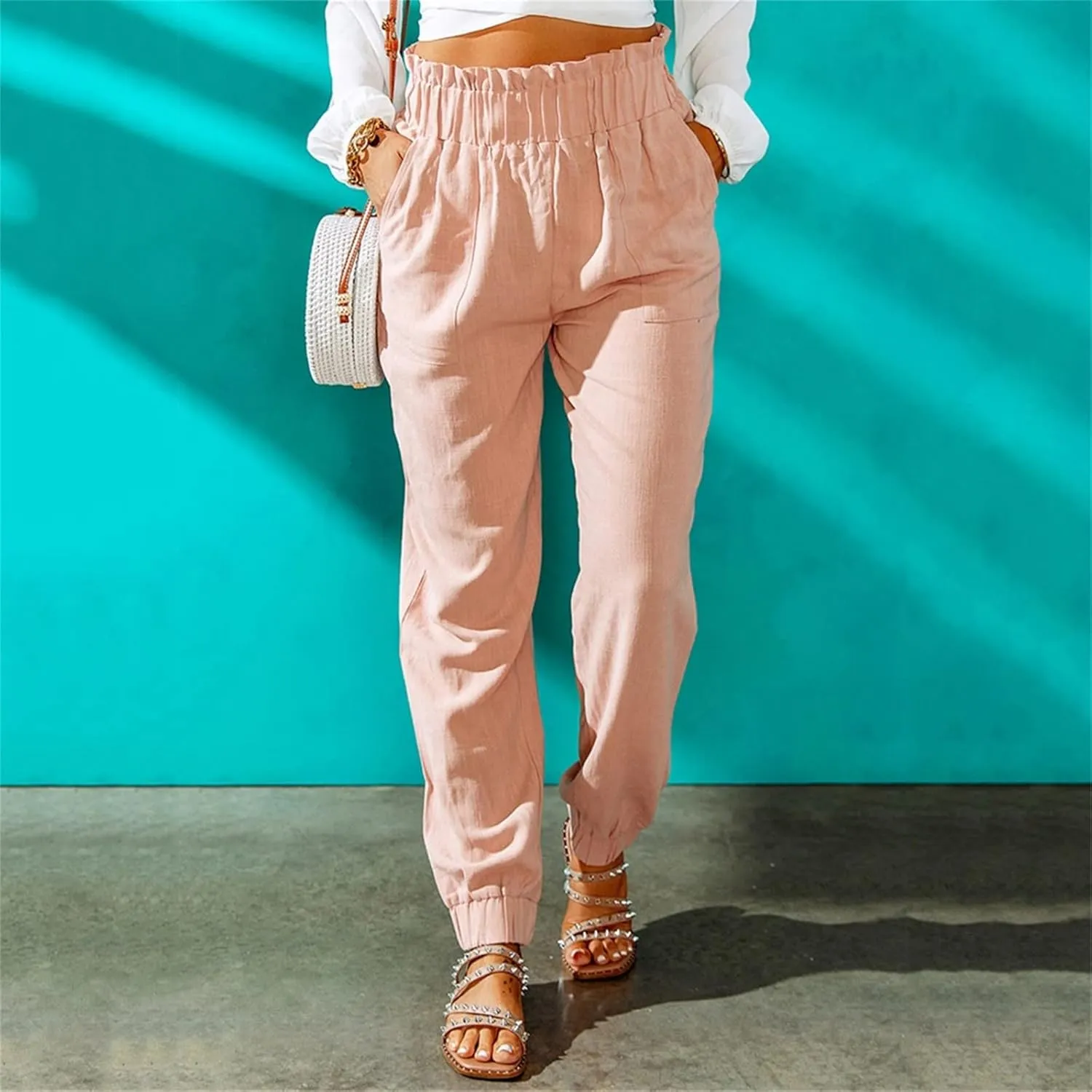 Women's Solid Color Fitted Elastic High Waist Joggers Summer Cotton Linen Soft Straight Leg Pockets Sweatpants Trousers
