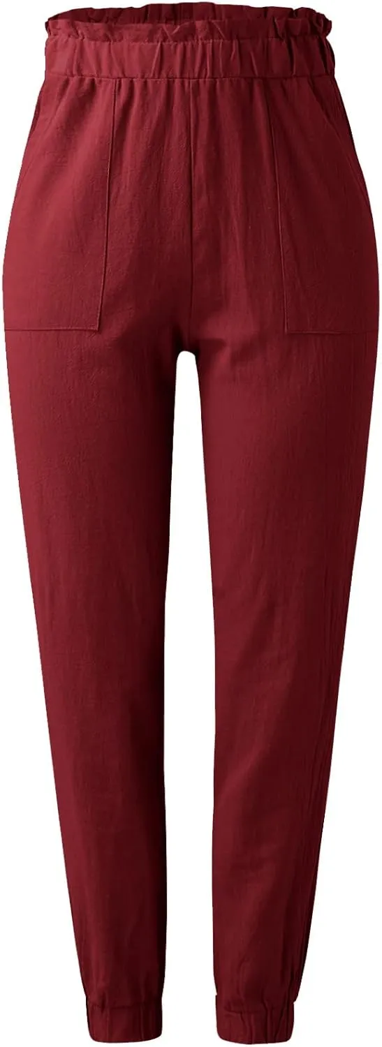 Women's Solid Color Fitted Elastic High Waist Joggers Summer Cotton Linen Soft Straight Leg Pockets Sweatpants Trousers