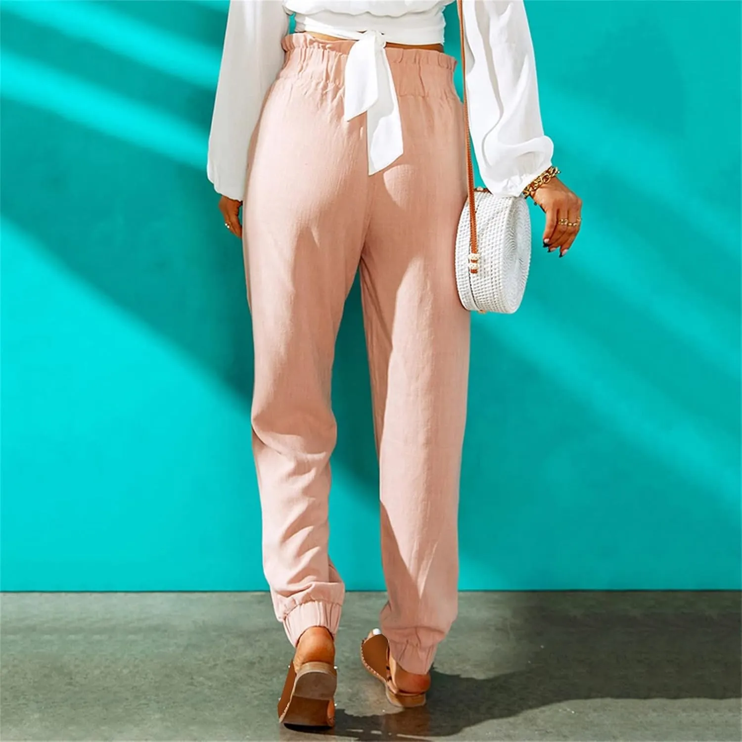 Women's Solid Color Fitted Elastic High Waist Joggers Summer Cotton Linen Soft Straight Leg Pockets Sweatpants Trousers