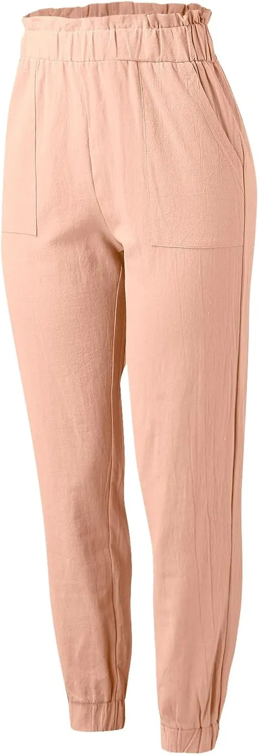 Women's Solid Color Fitted Elastic High Waist Joggers Summer Cotton Linen Soft Straight Leg Pockets Sweatpants Trousers