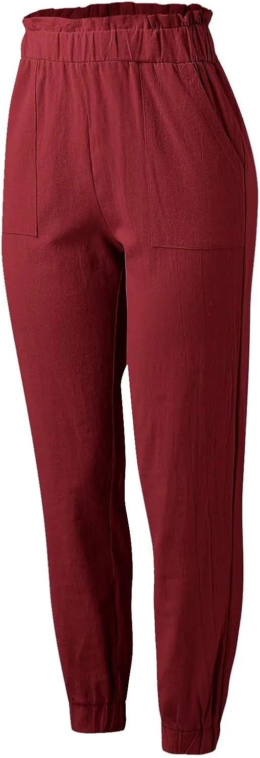 Women's Solid Color Fitted Elastic High Waist Joggers Summer Cotton Linen Soft Straight Leg Pockets Sweatpants Trousers