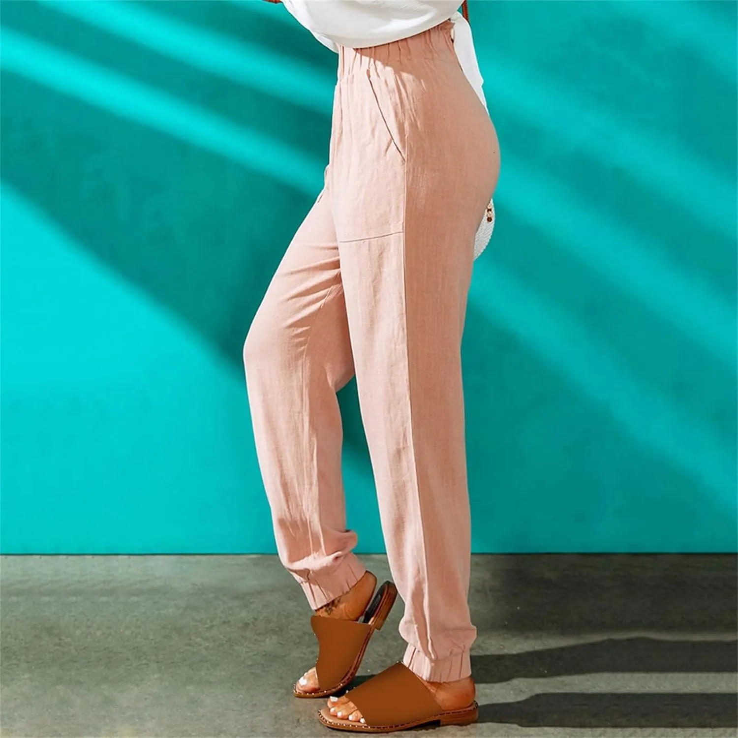 Women's Solid Color Fitted Elastic High Waist Joggers Summer Cotton Linen Soft Straight Leg Pockets Sweatpants Trousers