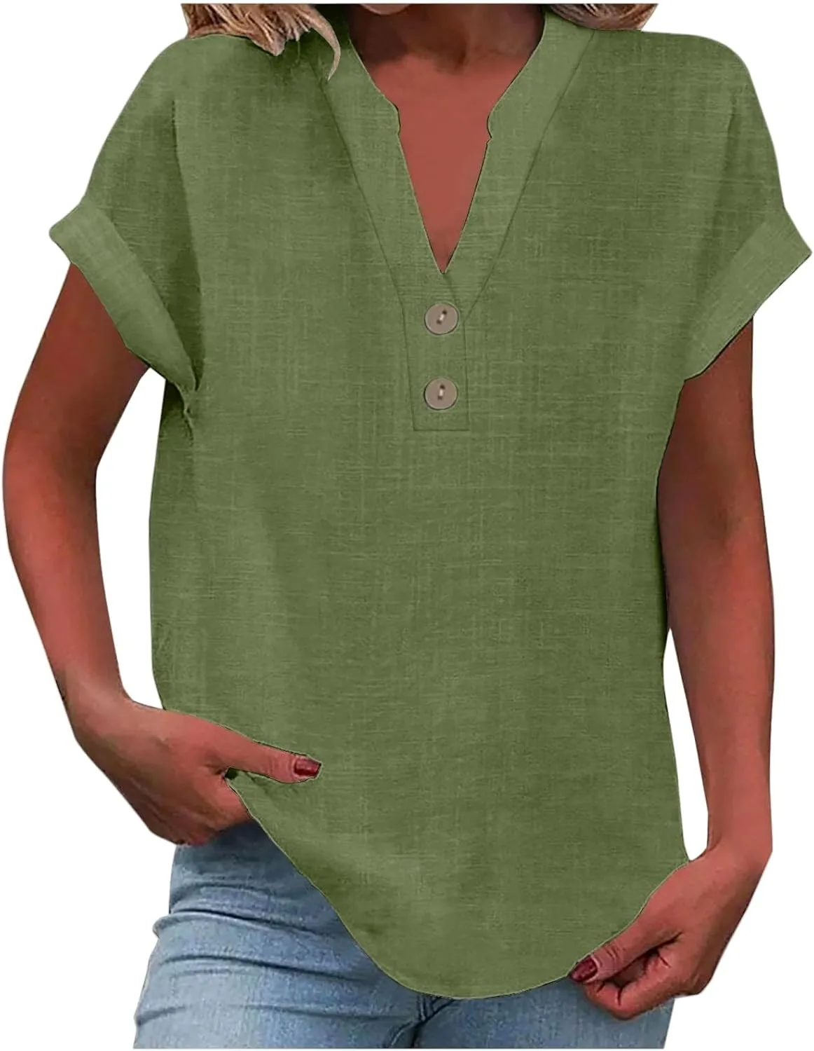 Womens Summer Tops Lightweight Trendy Linen Shirts Comfy Button Down Short Sleeve V Neck Tops Casual Dressy Blouses