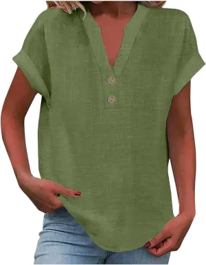 Womens Summer Tops Lightweight Trendy Linen Shirts Comfy Button Down Short Sleeve V Neck Tops Casual Dressy Blouses