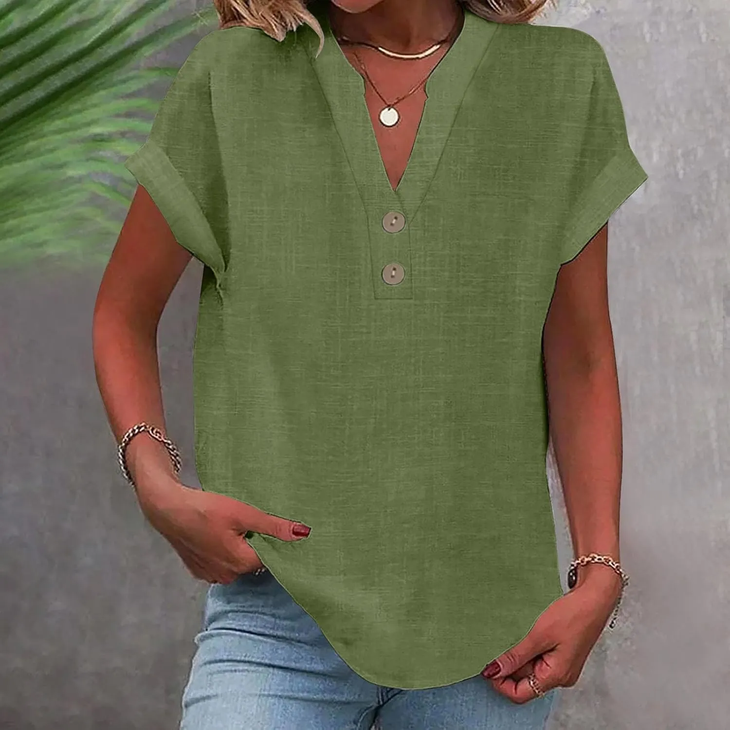 Womens Summer Tops Lightweight Trendy Linen Shirts Comfy Button Down Short Sleeve V Neck Tops Casual Dressy Blouses