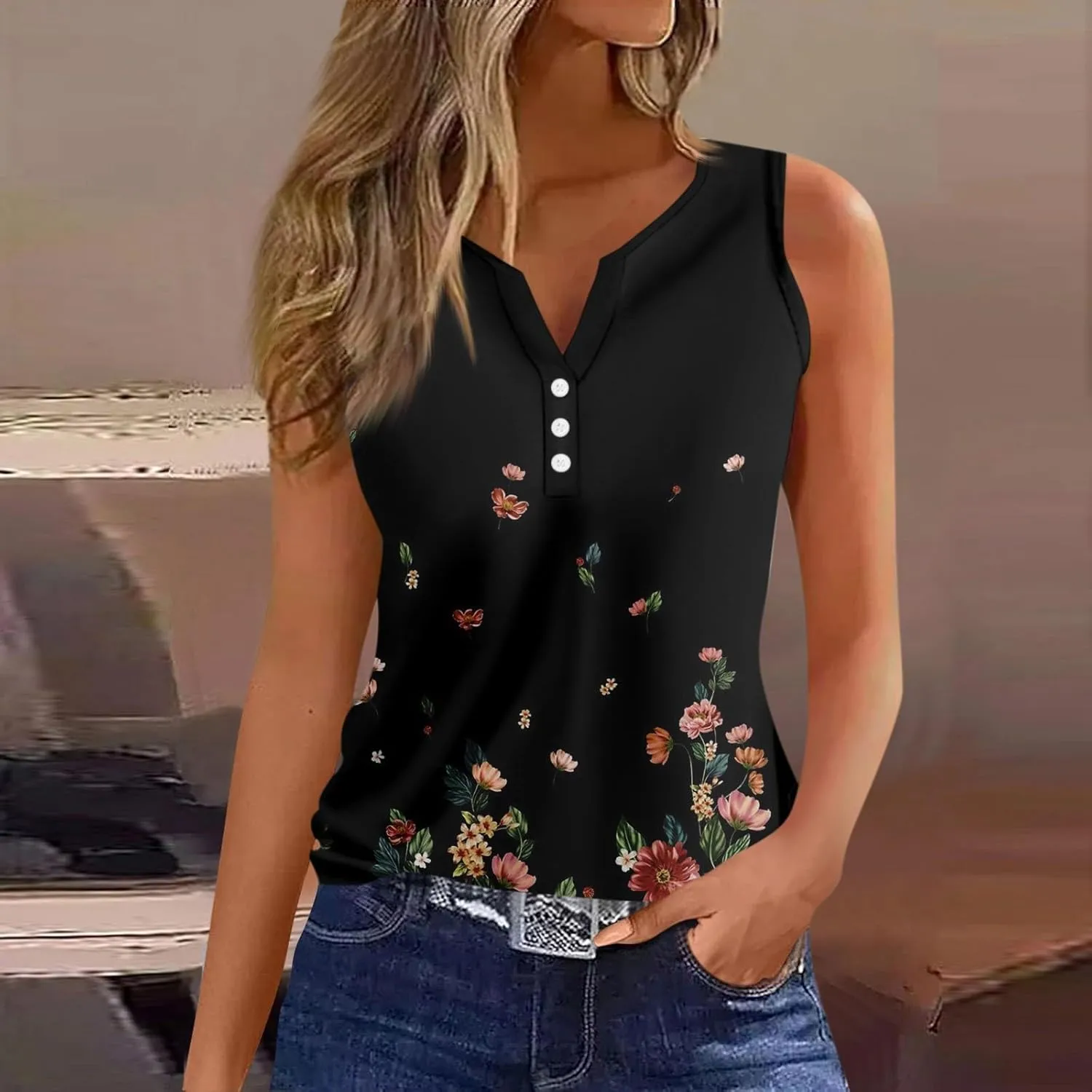 Womens Summer Tops, V Neck Tank Sleeveless Daily Tops Dressy Tshirt Deep Side Cut Casual Printed Summer