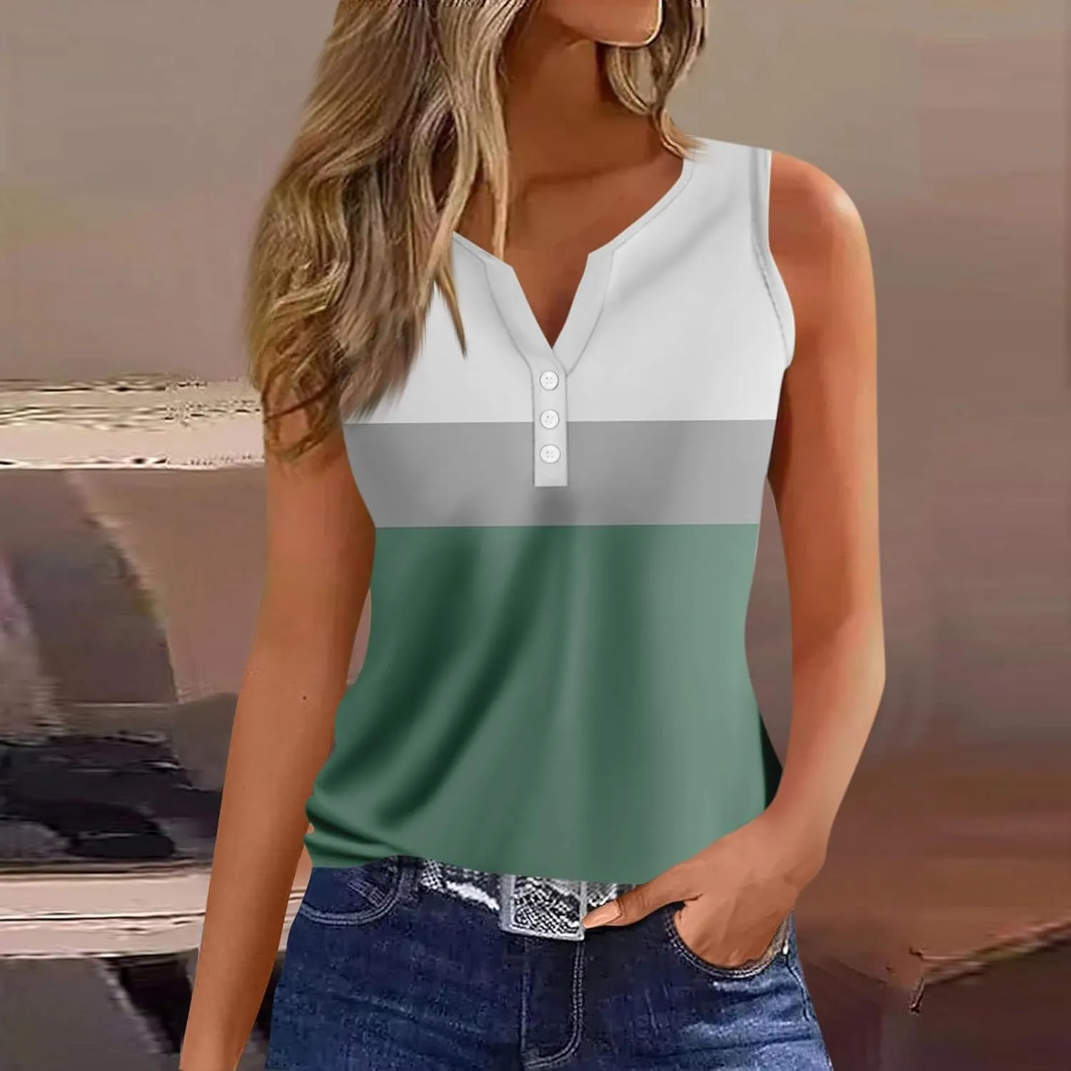 Womens Summer Tops, V Neck Tank Sleeveless Daily Tops Dressy Tshirt Deep Side Cut Casual Printed Summer