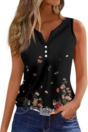 Womens Summer Tops, V Neck Tank Sleeveless Daily Tops Dressy Tshirt Deep Side Cut Casual Printed Summer