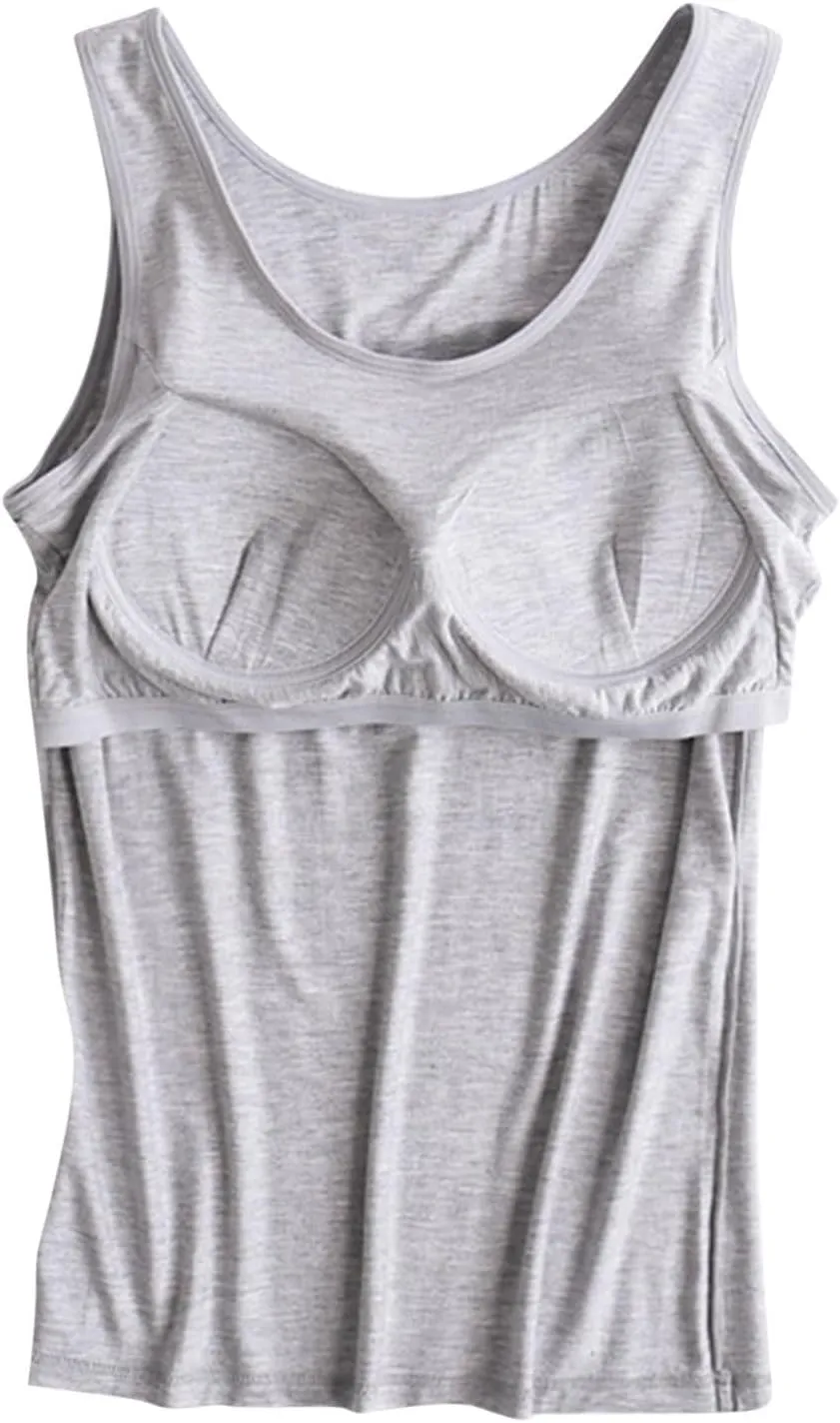 Womens Tank Tops with Built in Bras Soft Sleeveless Tank Tops Solid Scoop Neck Shirts Basic Workout Top Undershirt Tee