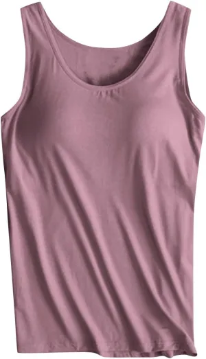 Womens Tank Tops with Built in Bras Soft Sleeveless Tank Tops Solid Scoop Neck Shirts Basic Workout Top Undershirt Tee