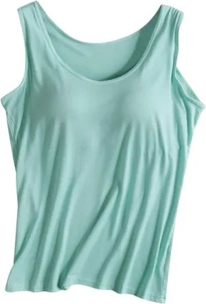 Womens Tank Tops with Built in Bras Soft Sleeveless Tank Tops Solid Scoop Neck Shirts Basic Workout Top Undershirt Tee