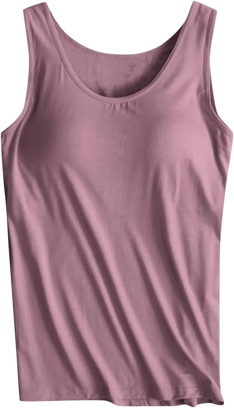 Womens Tank Tops with Built in Bras Soft Sleeveless Tank Tops Solid Scoop Neck Shirts Basic Workout Top Undershirt Tee