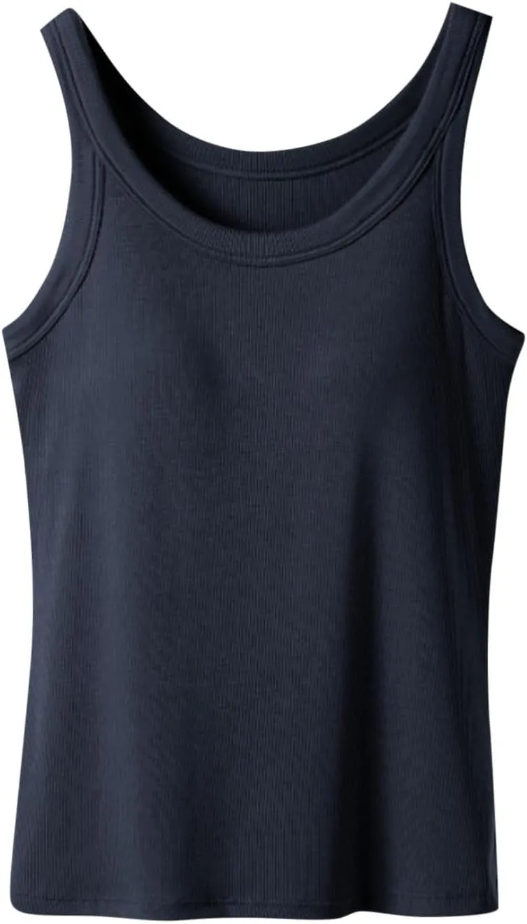 Women's Tank with Built in Bra U Neck Sleeveless Smooth Tanks Seamless Soft Spaghetti Strap Comfy Tops for Ladies