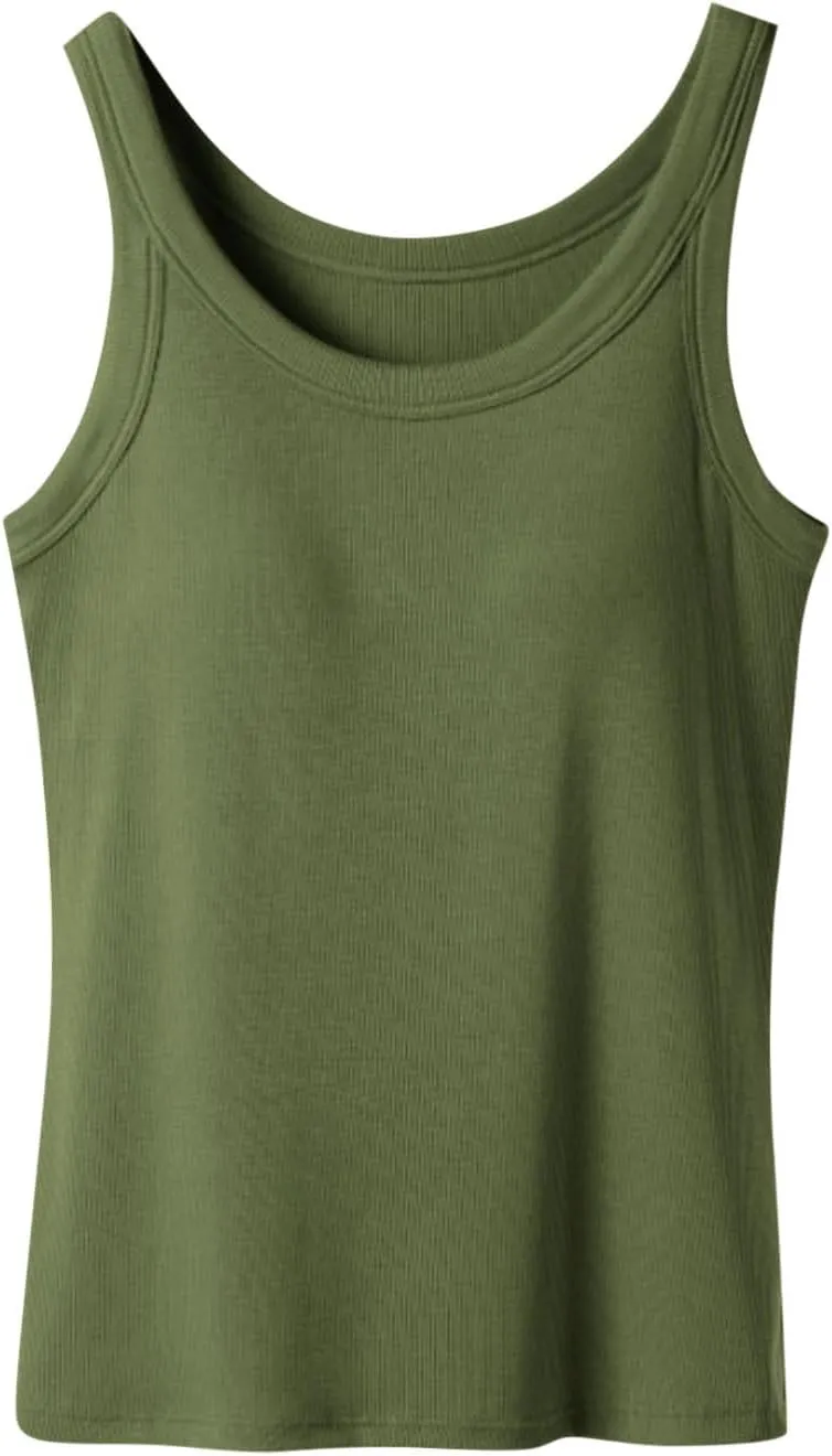Women's Tank with Built in Bra U Neck Sleeveless Smooth Tanks Seamless Soft Spaghetti Strap Comfy Tops for Ladies