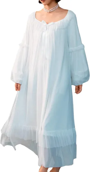 Women's Vintage Victorian Nightgown Long Sleeve Sheer Sleepwear Pajamas Nightwear Lounge Dress