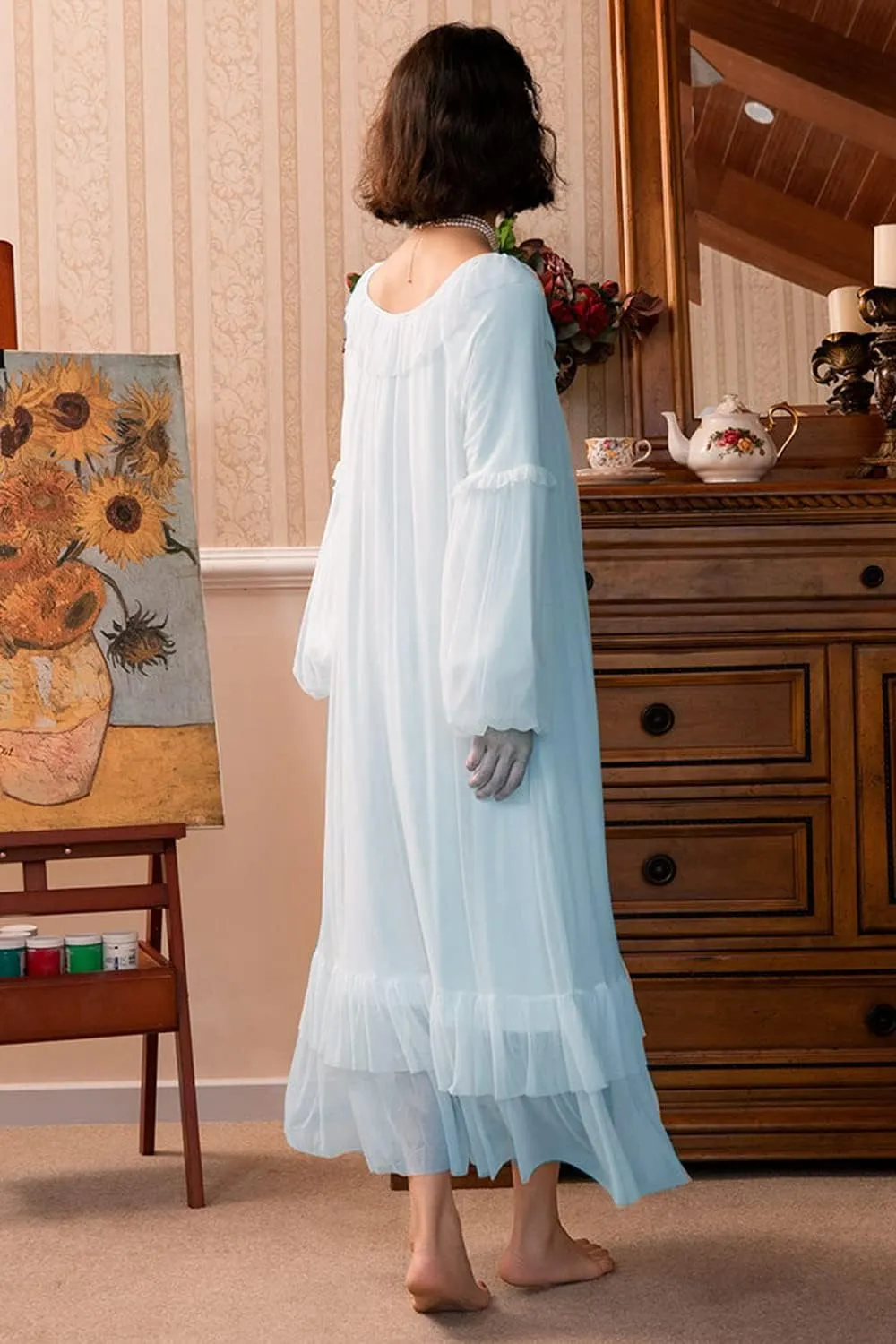 Women's Vintage Victorian Nightgown Long Sleeve Sheer Sleepwear Pajamas Nightwear Lounge Dress
