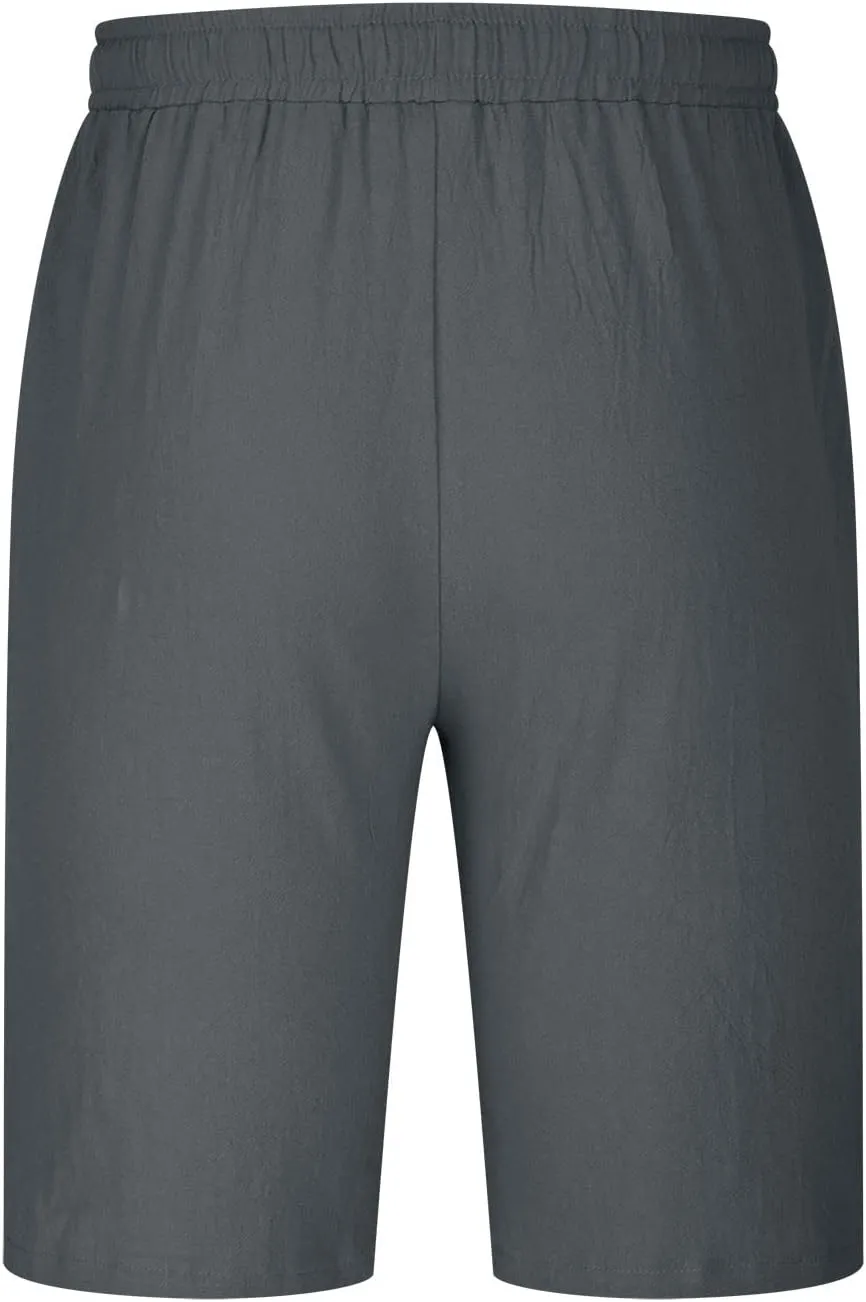 Zeiyignr Mens Shorts Casual Cotton Linen Drawstring Elastic Waist Athletic Shorts with Pockets Summer Loose Beach Short Pants