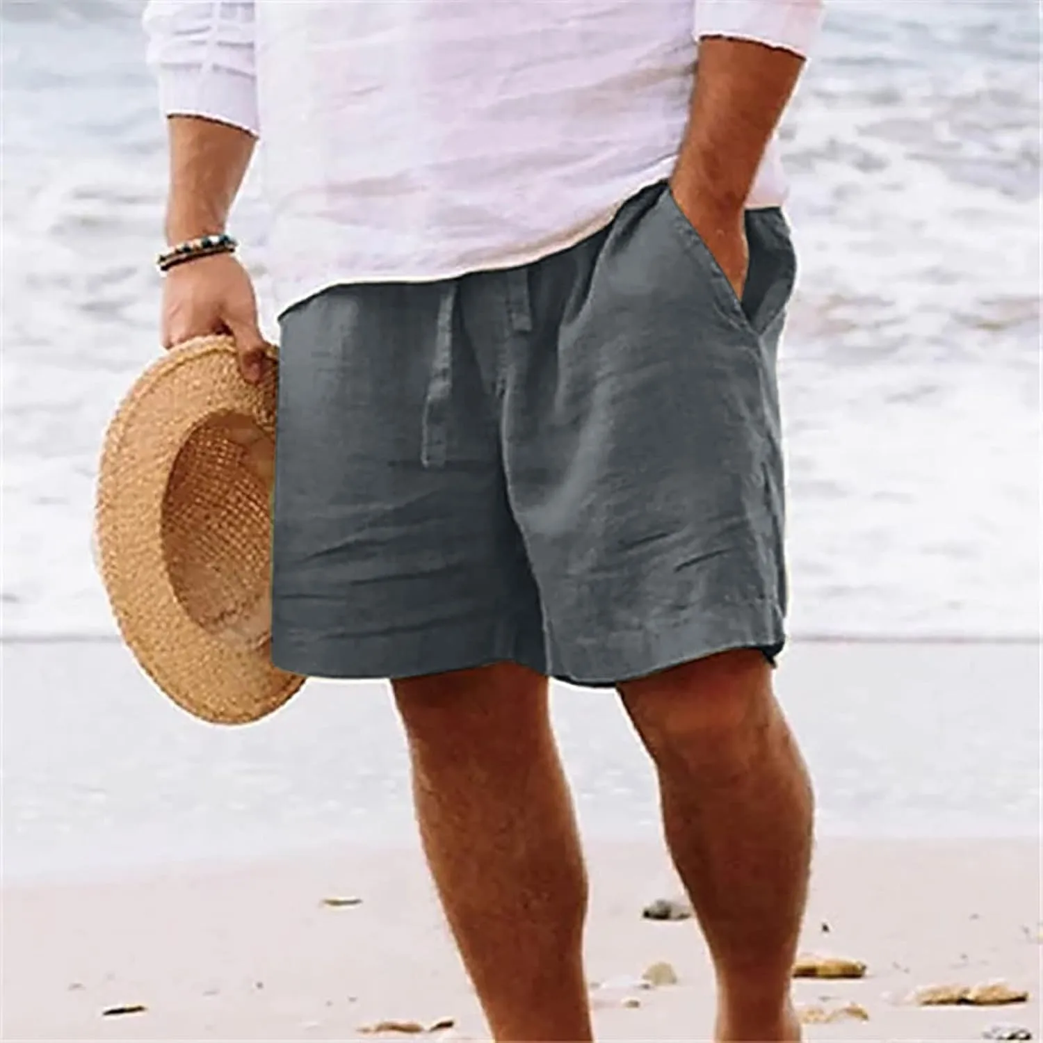 Zeiyignr Mens Shorts Casual Cotton Linen Drawstring Elastic Waist Athletic Shorts with Pockets Summer Loose Beach Short Pants